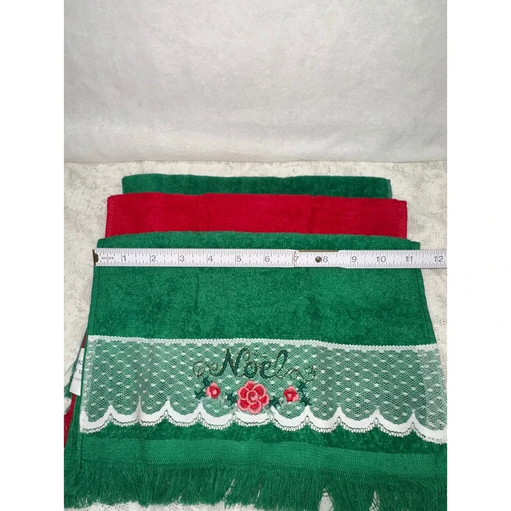 Christmas Towels Embroidered Joy Noel‎ Bells Red Green Set of 3